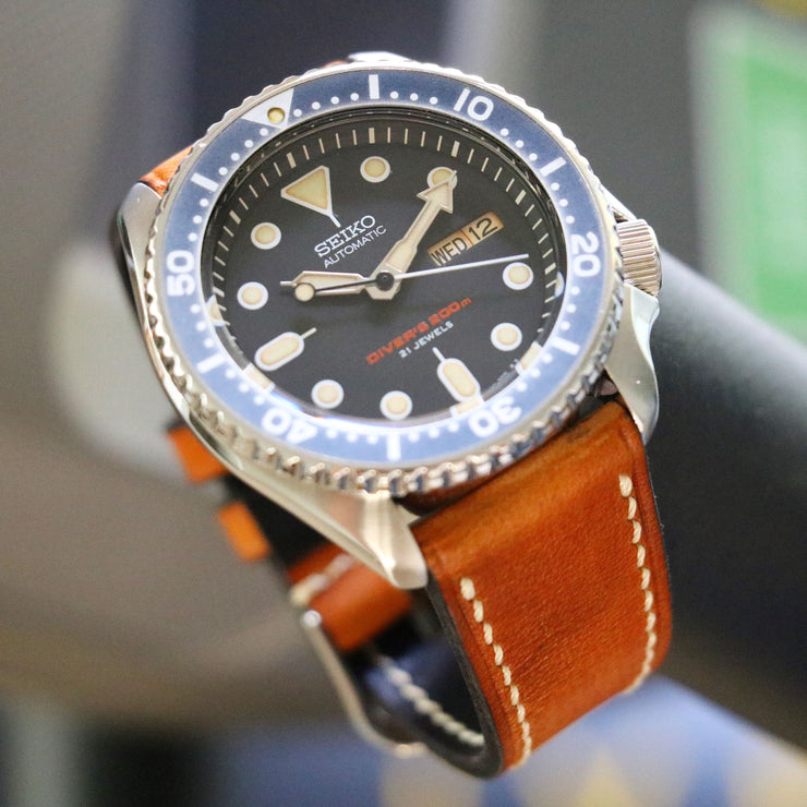 Seiko SKX007J on leather with faux patina
